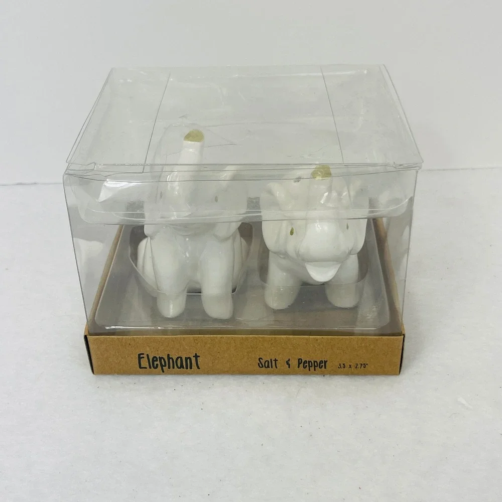 White Ceramic Elephant Salt and Pepper Shaker Set Gold Accents New in Box